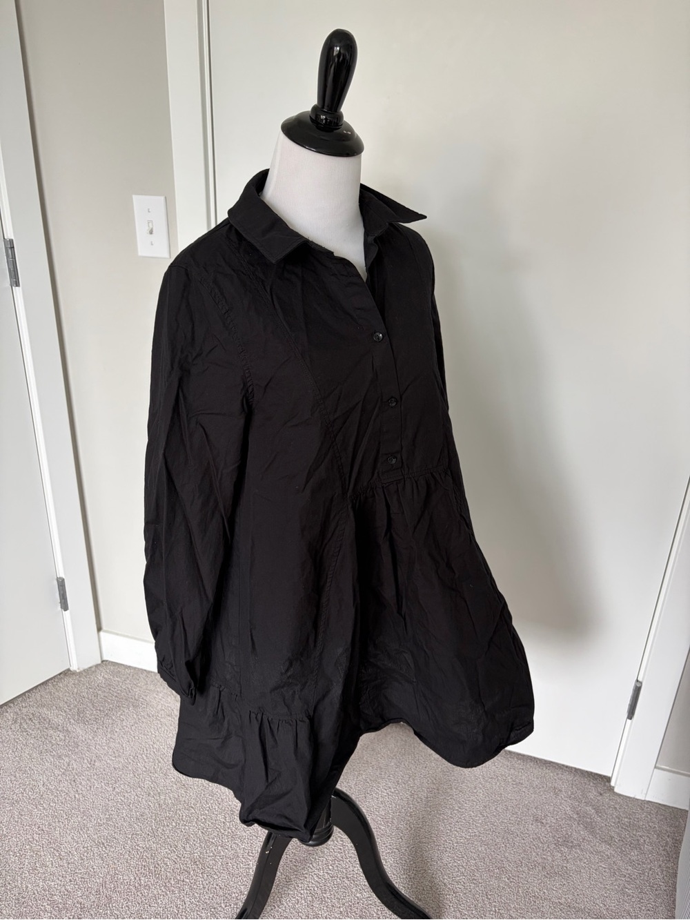 Zara Black Long-Sleeve Buttoned Babydoll Dress
